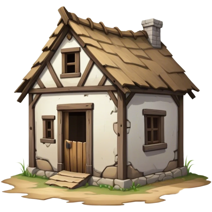 a dilapidated one-story medieval shack. The building has no windows. emoji