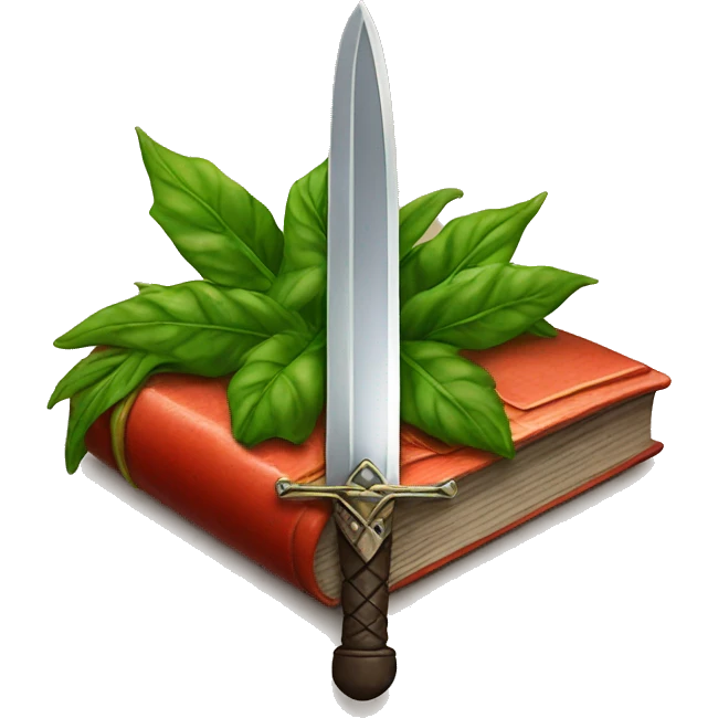Book cover with sword, greenery, and a spicy pepper on it emoji
