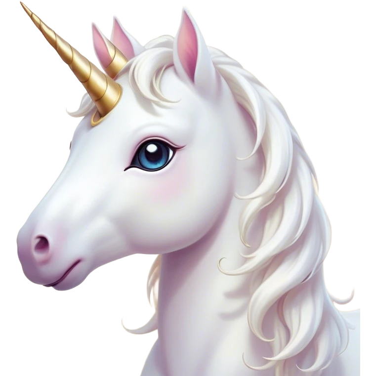 Cinematic Cute White Unicorn Portrait Emoji, Head tilted playfully and inquisitively, featuring a charming, petite form with a silky white color, a delicately flowing mane and tail, and a tiny, sparkling horn, with large, dreamy eyes full of wonder, Simplified yet irresistibly adorable features, highly detailed, glowing with a warm, enchanting glow, high shine, affectionate and lively, stylized with a touch of fairy-tale whimsy, soft glowing outline, capturing the essence of a mischievous yet endearing white unicorn that seems as if it could gallop out of the screen into your heart! emoji