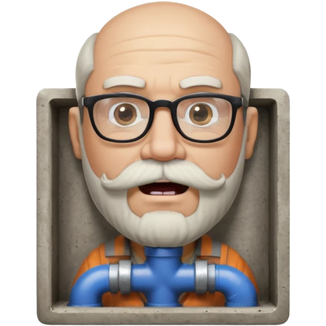 50 year old bearded and moustached white male wearing glasses with an open mouth. His mouth has been cast into a square frame made of concrete connected to a drain pipe. He is proud and thinks his right, while being slightly angry because the joke is on him. emoji