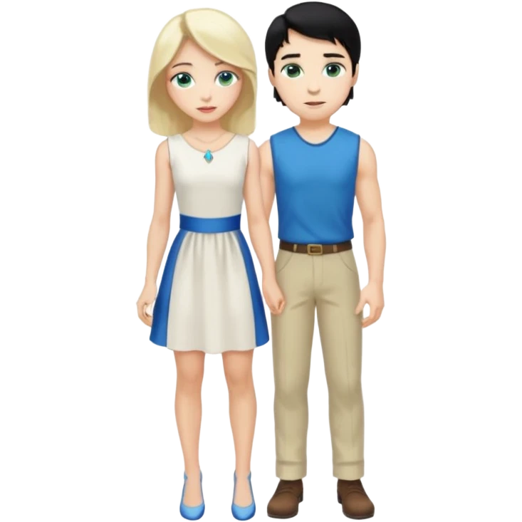 prince, standing upright, black Hair, blue eyes, garment,  woman, bending knee, white sleveless dress, blonde hair, green eyes, emoji