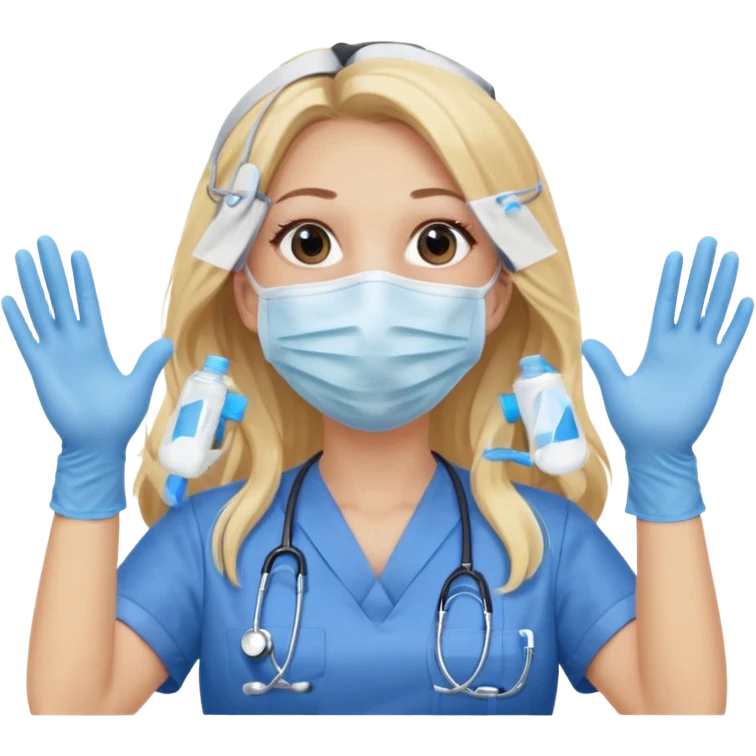 enfermera rubia con pelo largo sin nada en el pelo, con mascarilla y guantes azules las dos manos arriba emoji