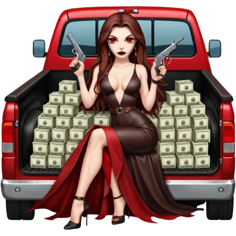 Lilith red eye seductress evil long brown haired sexy succubus woman with leather long dress with slit on, sitting in Big Large F350 pickup truck. Back seat full of stacks of cash, she is  Holding a human skull of her enemies and a gun in other hand emoji