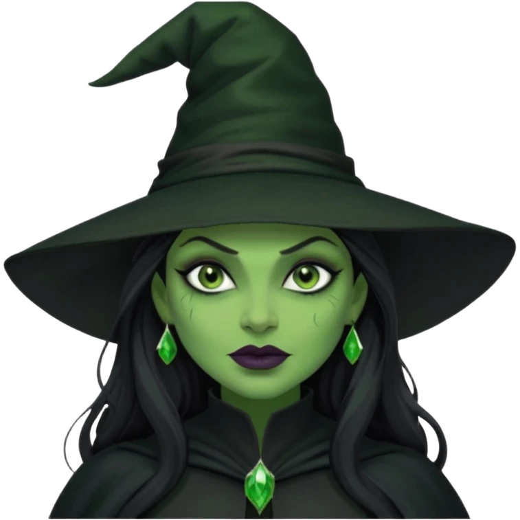 elphaba wicked witch with broom close up, evil dark coily long dark hair, green skin, thick green lips, cheekbones, smirk evil menacing cythia erivo dark aesthetic black hat cloak o emoji