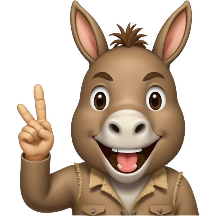 A donkey with a piece of straw in their mouth laughing hysterically while pointing up the middle finger emoji