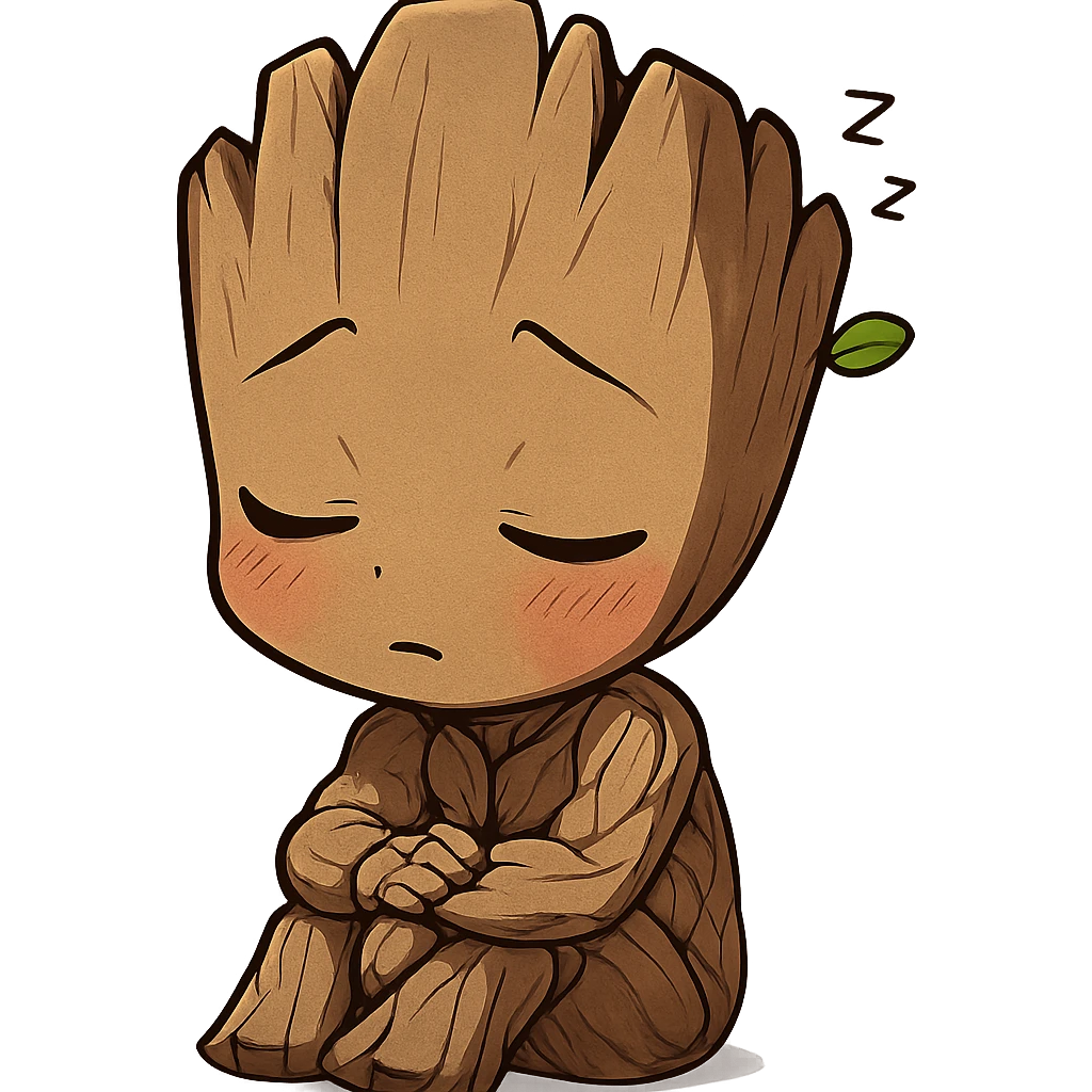anime style Groot character, cute and shy, sleeping emoji