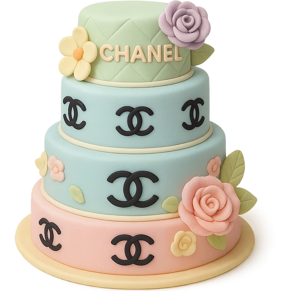 tiered Chanel cake in pastel colors with logo patterns and delicate fondant flowers, fondant cake art style emoji