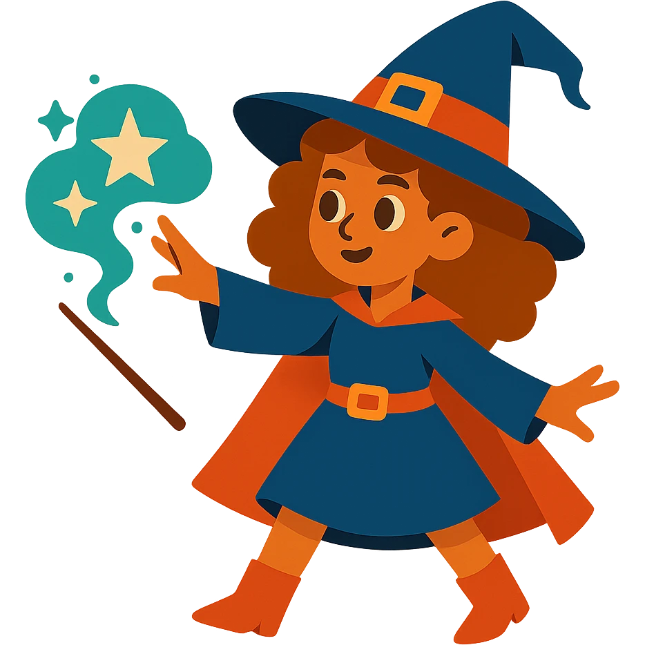 witch with caramel brown curly hair, casting a spell emoji