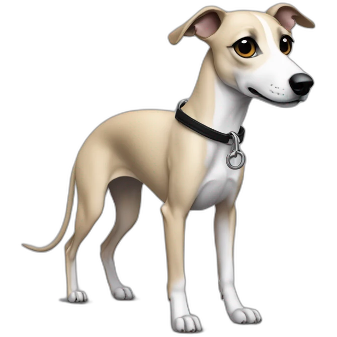 a beige whippet sideways with his left foot raised up up and a leash going out of frame, with a dark snout, black and white mouth patchy and black angel wing like eyes emoji