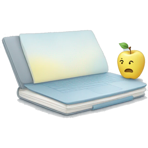a notebook who shows and apple on its screen. Use pastel colors, prefering a soft yellow, a soft blue and soft gray emoji