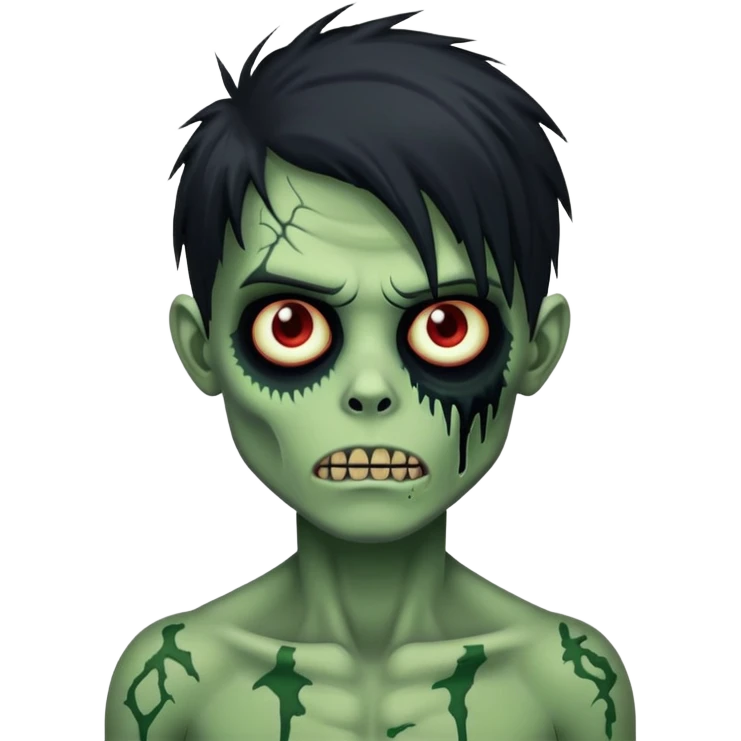 brunette zombie boy with horror green skin and long black messy hair emoji