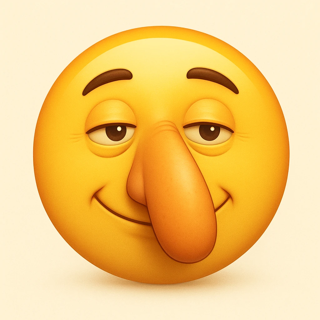 Create a yellow smiley face emoji with a nose exactly like the reference image. Match the facial expression and style, but as a classic emoji face in the style of classic yellow emojis. Add a subtle highlight to the nose. emoji