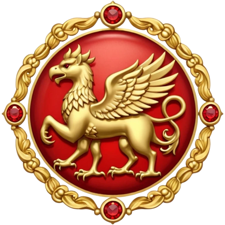 Golden griffin crest / brosch in a circle with red gems and no background emoji