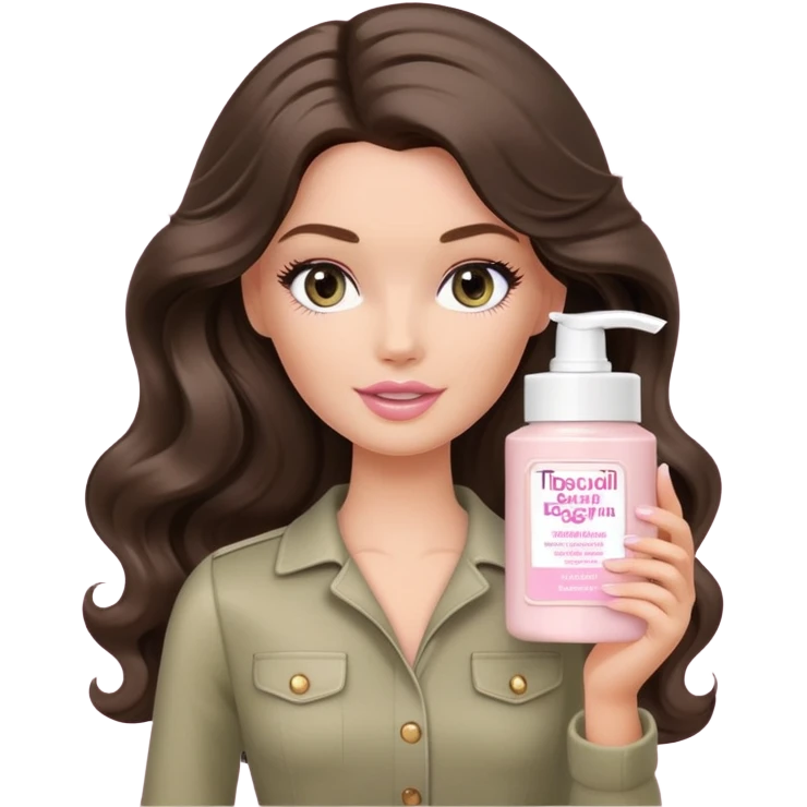 A white Barbie girl with long dark brown wavy hair in pale olive clothes holds Pale pink body moisturizer cream pot  emoji