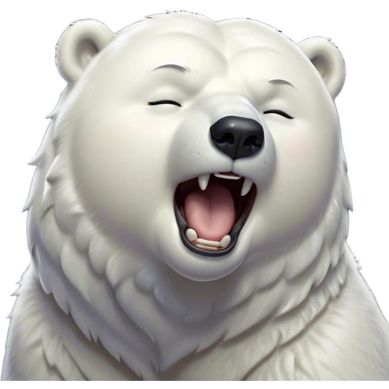 Cinematic Cute Yawning Polar Bear Portrait Emoji, Head tilted slightly with a dramatic, wide-open yawn, showcasing luxuriously thick fur and sleepy, half-closed eyes radiating drowsy contentment, Simplified yet irresistibly adorable features, highly detailed, glowing with a soft, cozy polar light, high shine, relaxed yet expressive, stylized with a dash of whimsical arctic charm, soft glowing outline, capturing the essence of a drowsy yet affectionate guardian that seems ready to stretch out for a nap! emoji
