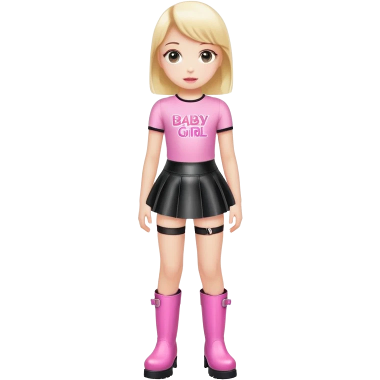 Mini latex skirt and boots and short top with pink inscription “Baby girl” emoji