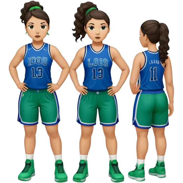 full body plus size light skin latino women basketball player with wavy dark hair in pony tail wide nose wearing blue green  uniform emoji