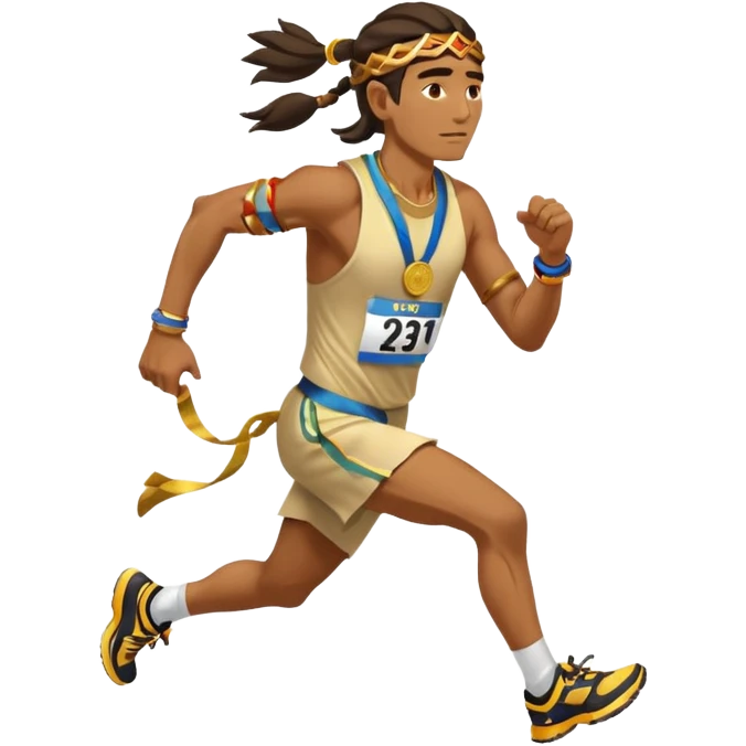 tribal shaman picking running a marathon with gold medal emoji