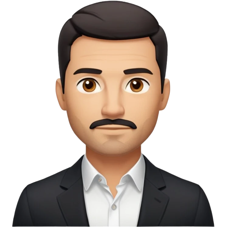 Handsome athletic man in his mid-40s with tan skin, short black hair with clear fade cut, 5 o'clock shadow facial hair, strong square masculine face, warm approachable expression, black blazer worn open, white buttoned shirt with collar unbuttoned, explicitly no tie emoji