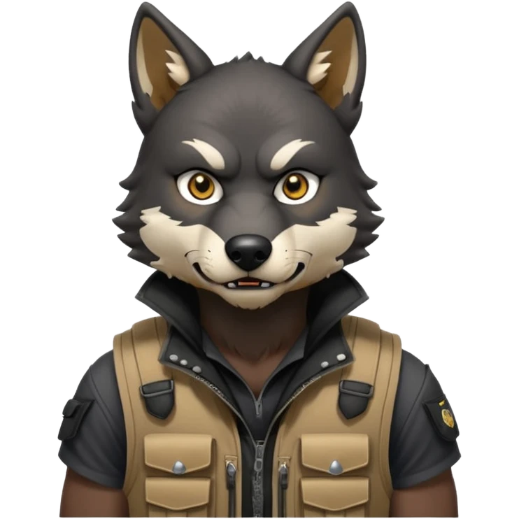 A black anthropomorphic wolf with white marks, he is wearing a muzzle, and his ears are standing up with a variety of piercings. He has a black tactical vest on, and he is in a grumpy mood, his arms just hanging by his side emoji