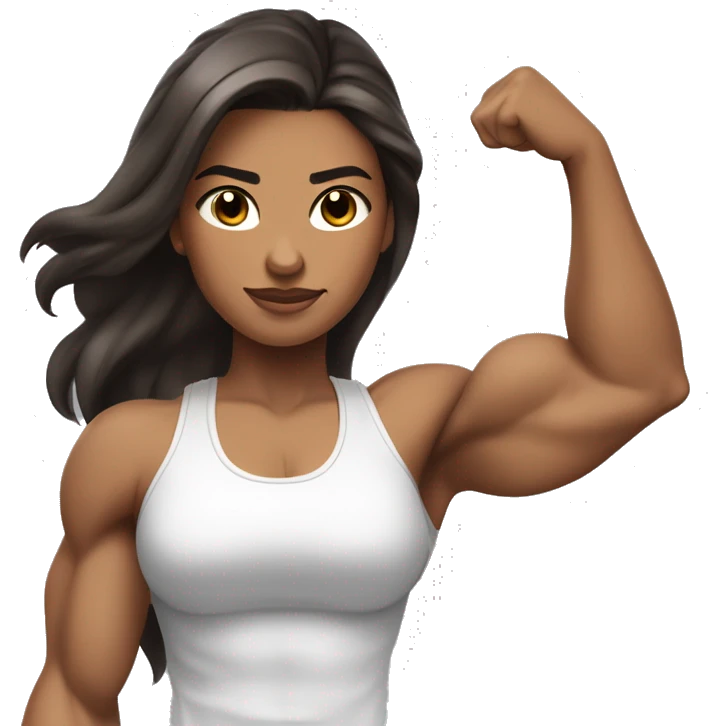 Strong muscle girl brown hair flexing one arm white top; black long hair (with a bit silver highlight & balayage towards the lower end); skin isn’t too tan emoji