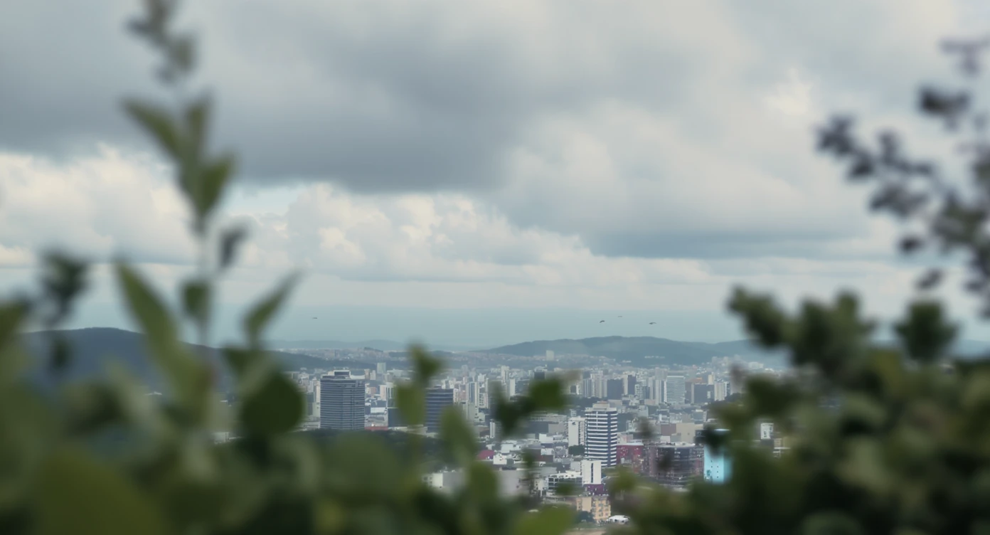 A cinemaatic still of a city, blurred plants in the foreground, whales fly above city sky, rolling hills in the background, cinematic depth of field, layered composition, natural lighting emoji