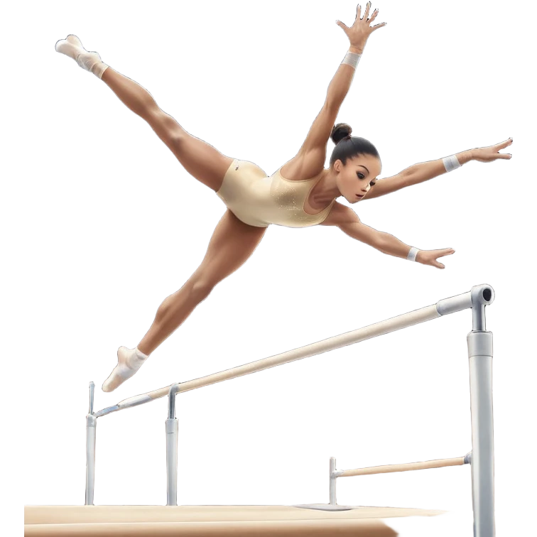 Professional gymnast performing a dynamic routine on parallel bars, captured mid-air in an elegant flip. The background features a well-lit gymnastics arena with a cheering audience. The athlete's posture and expression convey strength, control, and perfect coordination. emoji