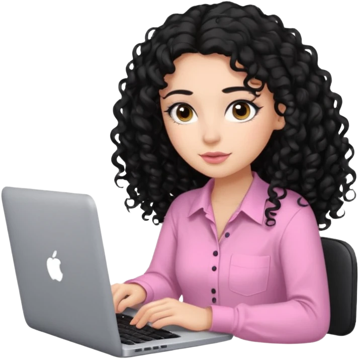 a girl typing mac book with long black curly hair and brown eyes with black eyeliner, pink shirt, social media manager emoji