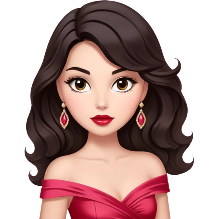 A woman with slightly darker almond-toned skin, voluminous dark hair in waves, expressive eyes with soft lashes and shimmer, full lips with a glossy nude-pink color, wearing a red dress and a white crossbody sash with “Miss San Juan” in black letters, exuding elegance and confidence. emoji