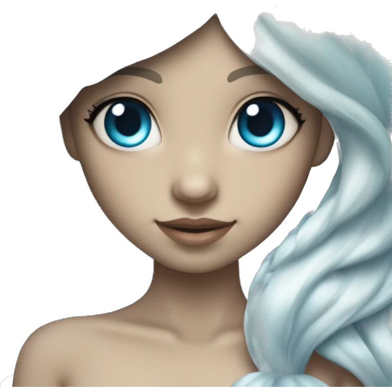 Iridescent silver mermaid tail full body blue eyes almond skin girl long white hair emoji