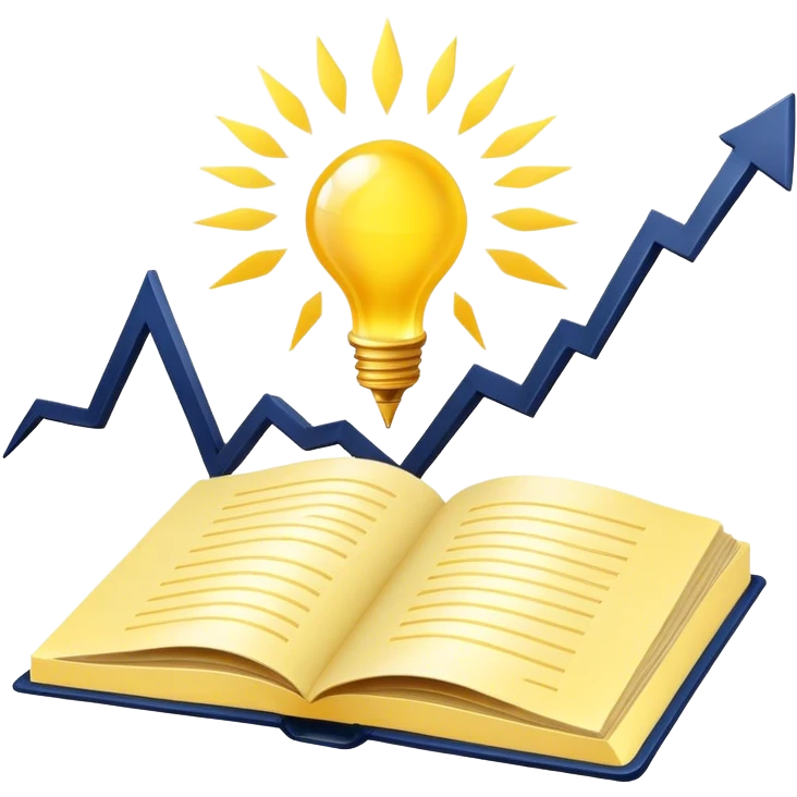 A yellow productivity book with navy blue and gold details, and chart with upward trend aura, radiating productivity, strategy, and success in motion with time and happiness yellow... power in time aura of happiness emoji