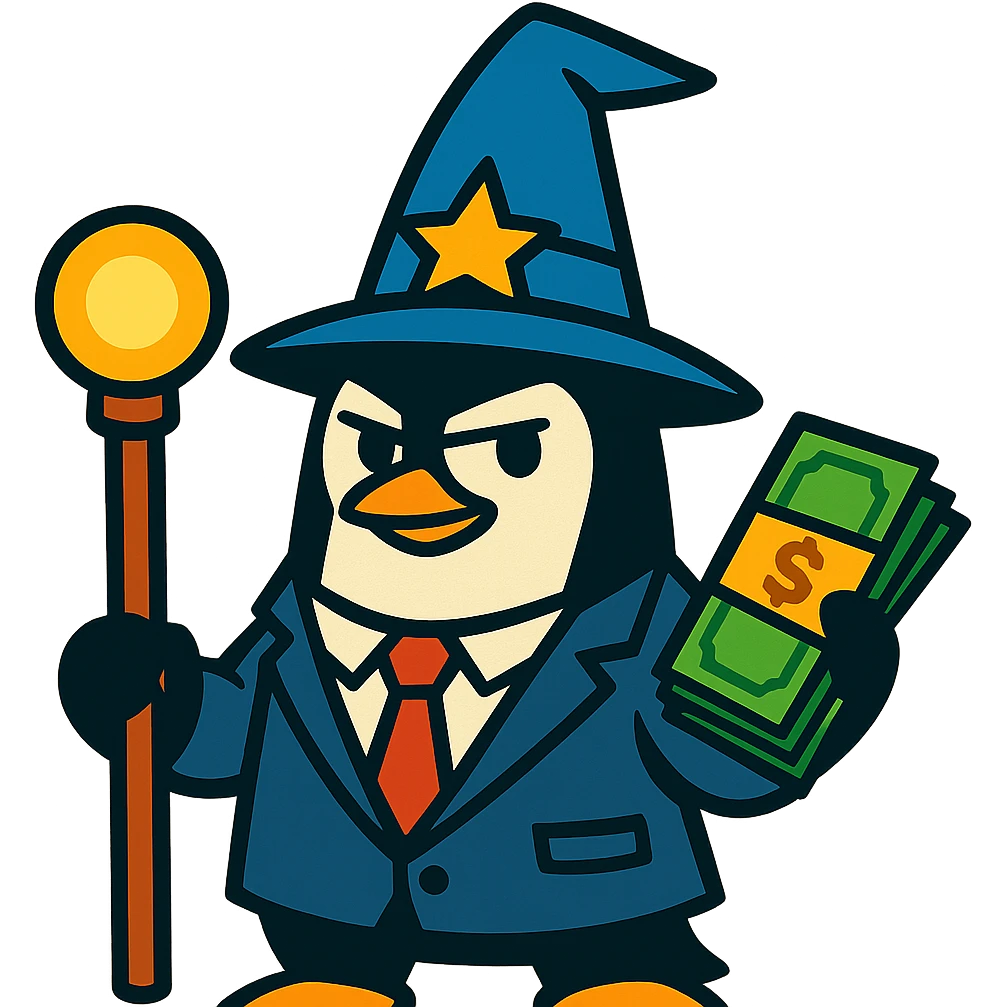 penguin wizard in a suit and tie, holding a magic staff and a stack of money, clever ambitious look, vibrant toon style emoji