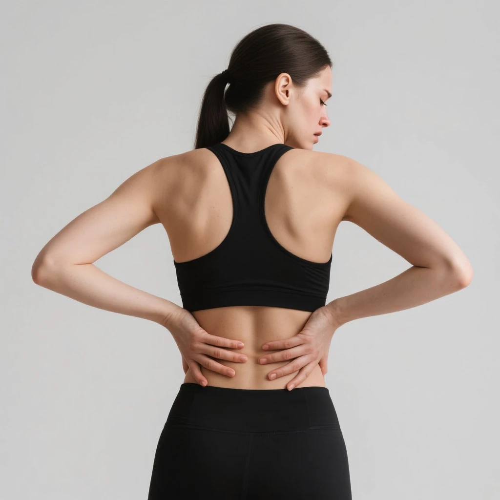Donna in abbigliamento sportivo, che mostra dolore alla parte bassa della schiena, con entrambe le mani sulla zona lombare e espressione sofferente, sfondo neutro emoji