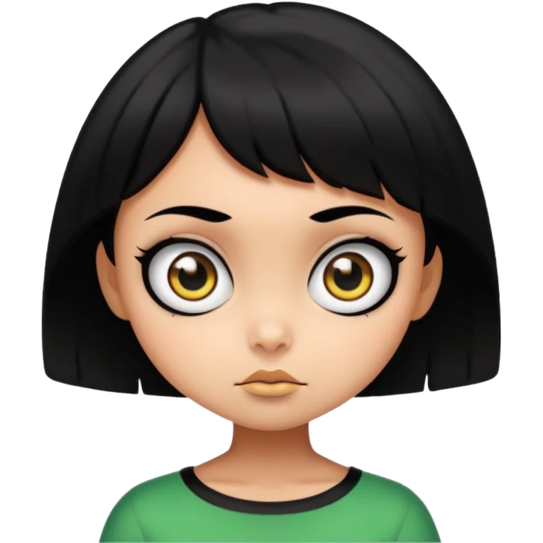 Buttercup, cartoon girl with short black hair and big eyes, inspired by Powerpuff Girls, scary intimidating face, vibrant cartoon style emoji