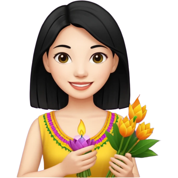 Emoji of a white woman with black hair holding a krathong emoji