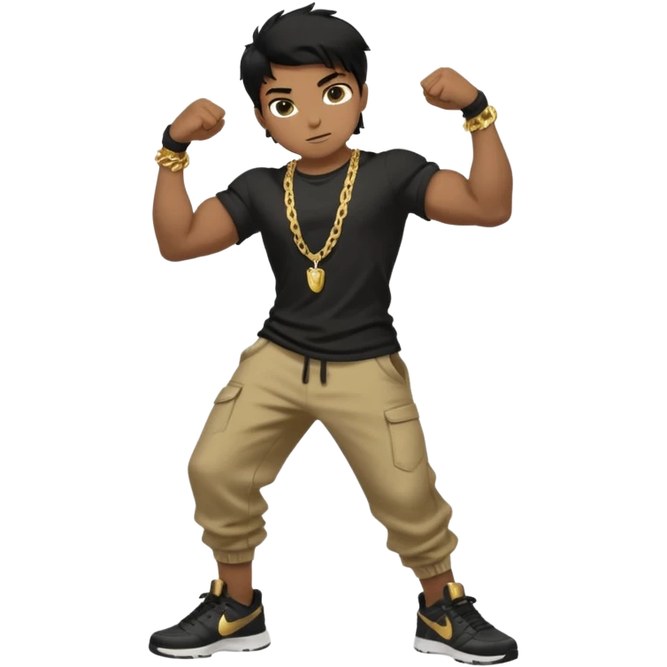 full side body view of muscular 13yo boy with veiny hands arms and biceps. has messy black hair with dark-tan skintone with black tshirt. has gold chain and nike shoes with baggy pants emoji
