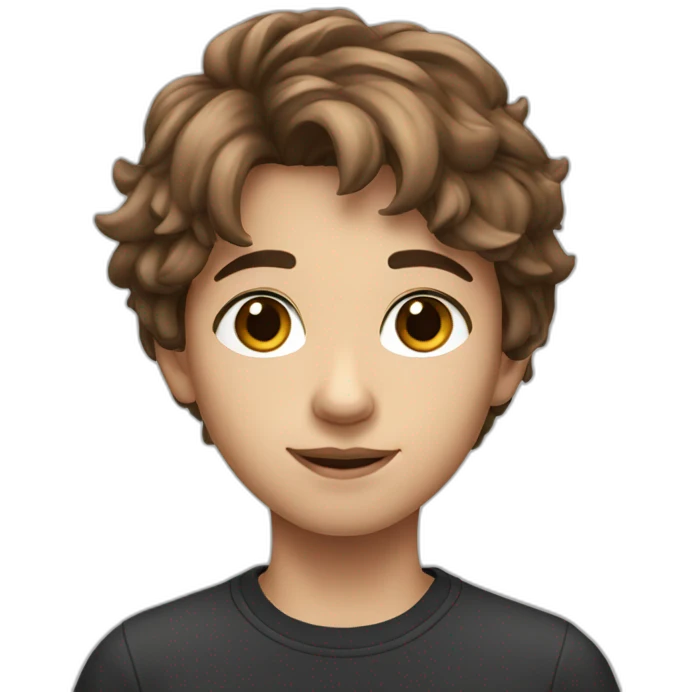 A 14 years old kid with cut brown hair with black eyes emoji