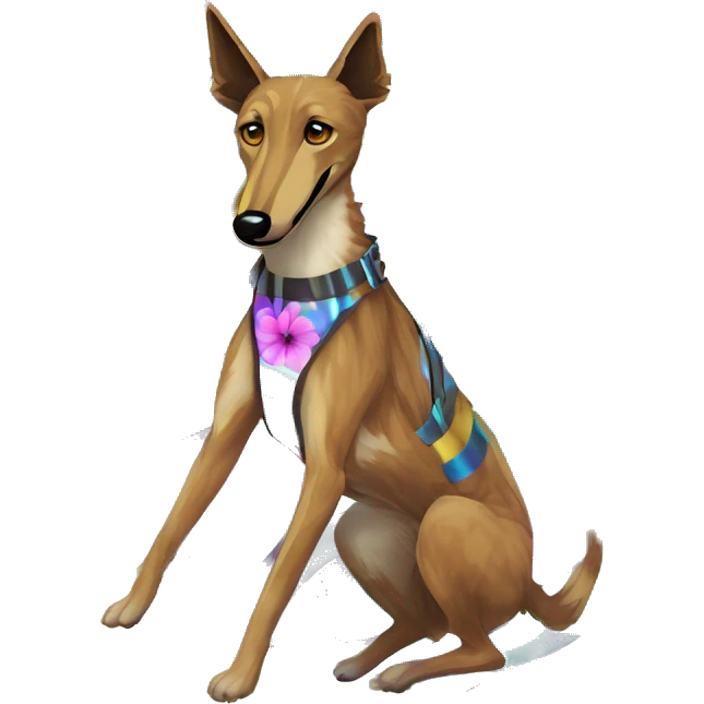  brindle brown black maroon striped lurcher Alsatian fox running blue eyes and iridescent holographic oilslick harness wearing paper iridescent tropical flower crown yellow caution tape emoji