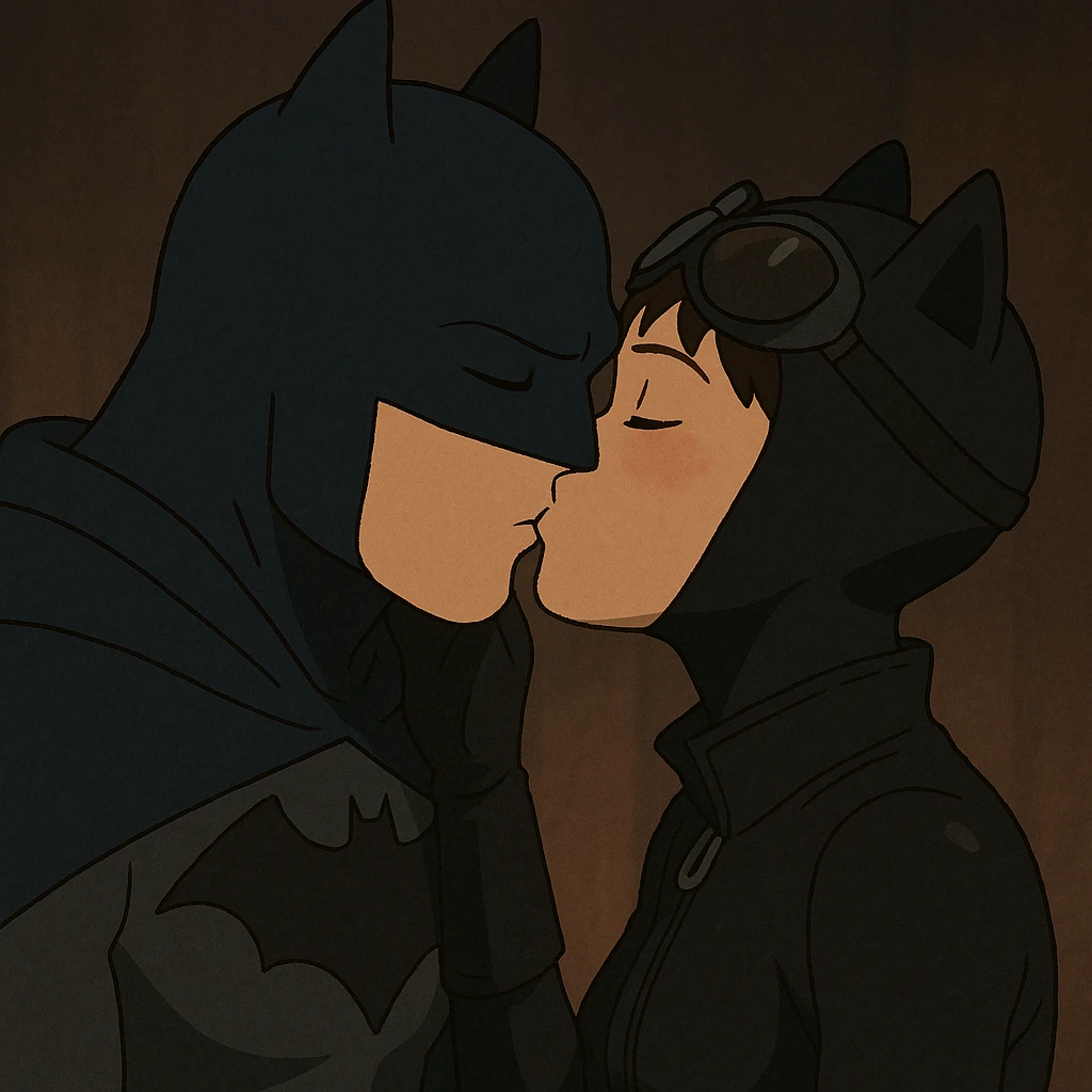 Batman and Catwoman kissing, Ghibli style, softness and emotion, dim lighting, costumes inspired by the characters emoji