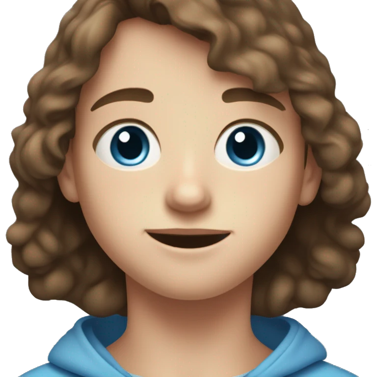 12 year old boy with very short brown hair, light blue eyes, freckles, a blue hoodie en thin l emoji