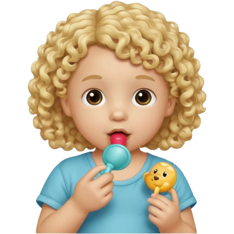 Close-up, curly blonde-haired toddler, pacifier emoji