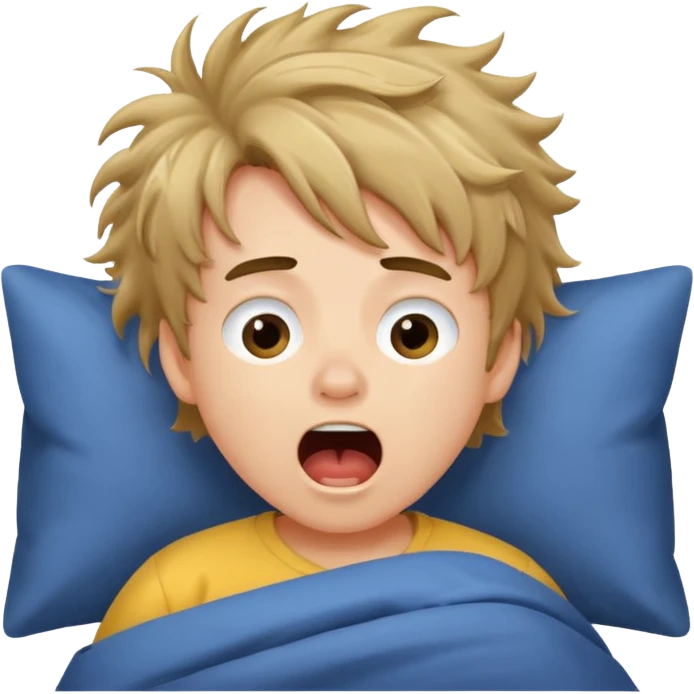 emoji- of a cute boy waking up in bed. He is yawning or rubbing his eyes.  emoji