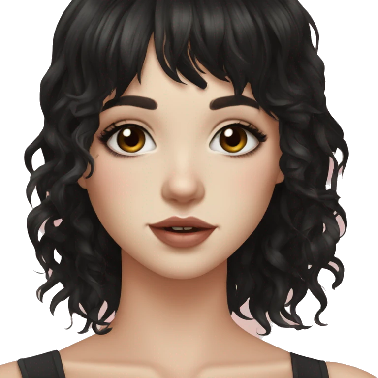 girl pale skin and medium length curly dark black  hair with hair layers, bangs, big hazel eyes, big lips, small nose, nose nostril piercing, three ear piercings emoji