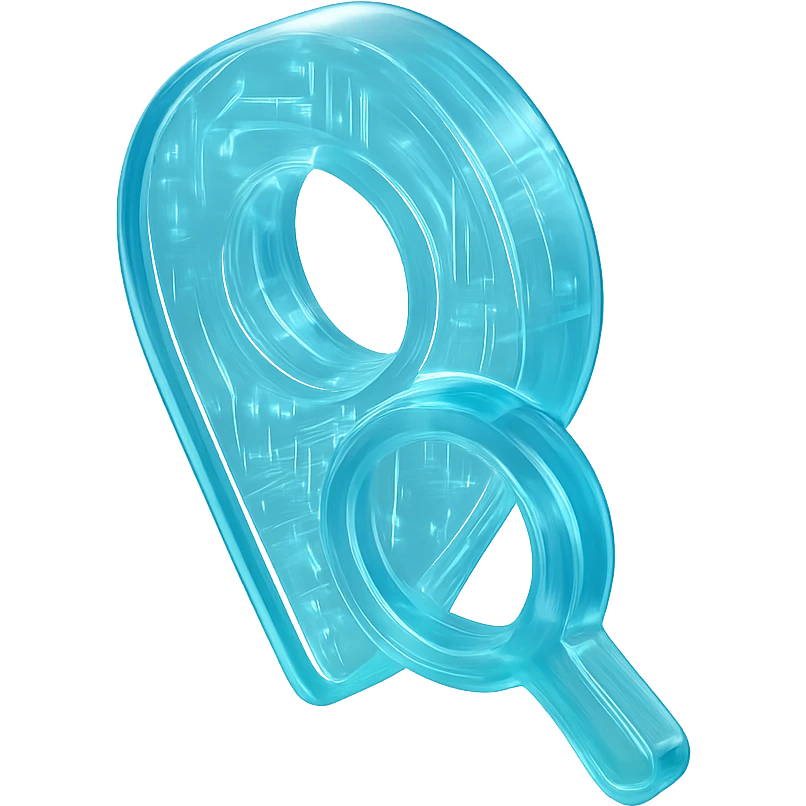 Icon of a map pin with a magnifying glass, cyan blue emoji