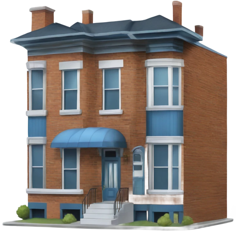 Two story brick row-house with blue tin-clad bay window protruding from the front left and no porch, no front steps emoji
