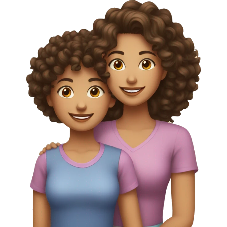 brunette mom with curly hair and brunette daughter with curly hair smiling  emoji