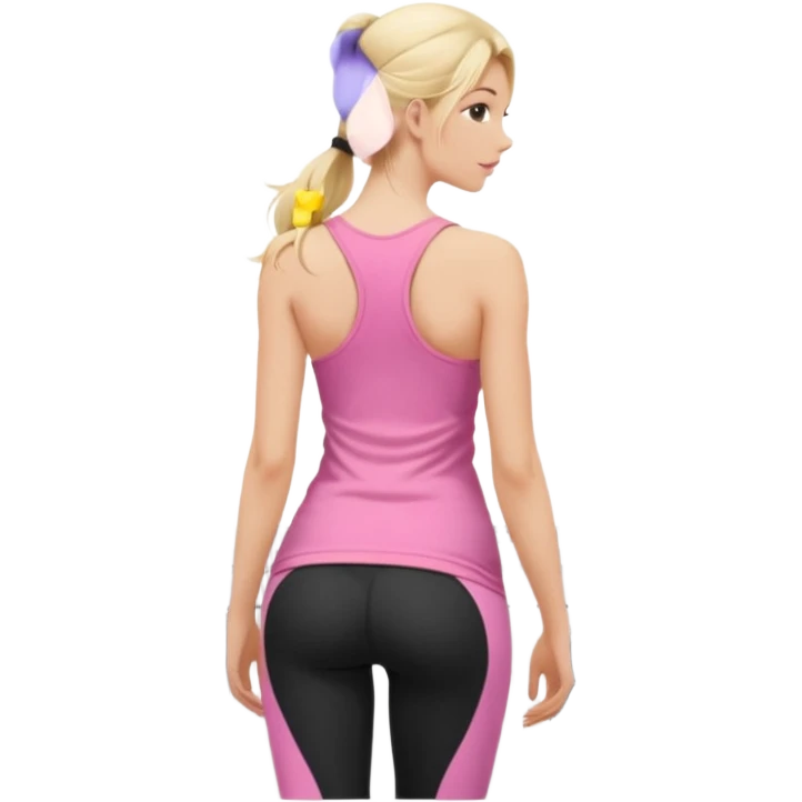 Render from knees up, view from the back, fair skinned woman, thin, long blond hair, cooking dinner in kitchen, pink loose tank top, showing natural B cup breast shape SFW, black yoga pants, perfect booty, looking back emoji