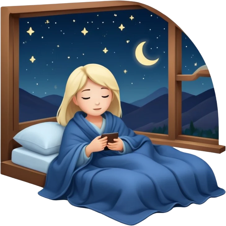 person going to bed on time, cozy blanket, night sky outside window, peaceful and friendly emoji