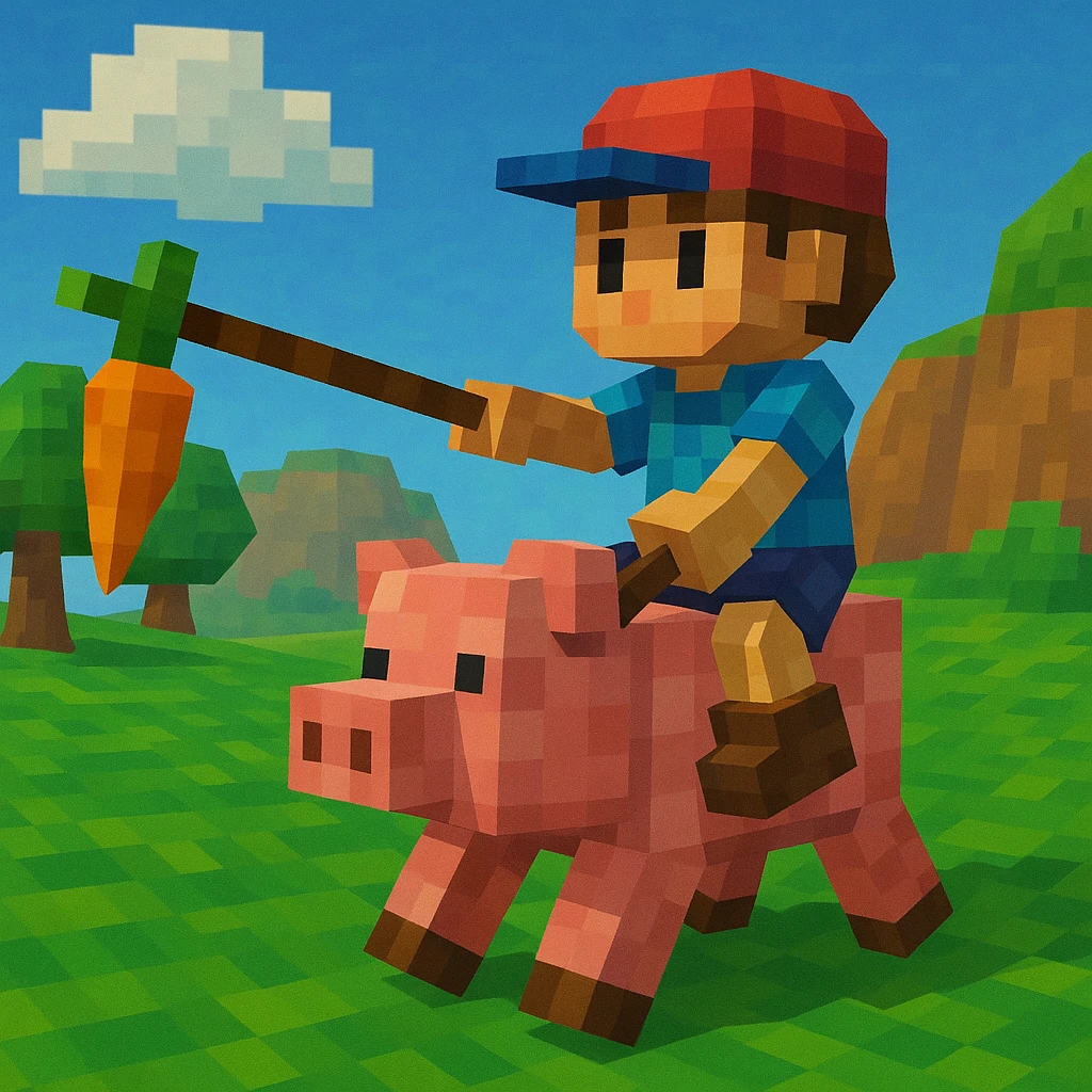 Child riding a pig with a carrot on a stick.
 emoji