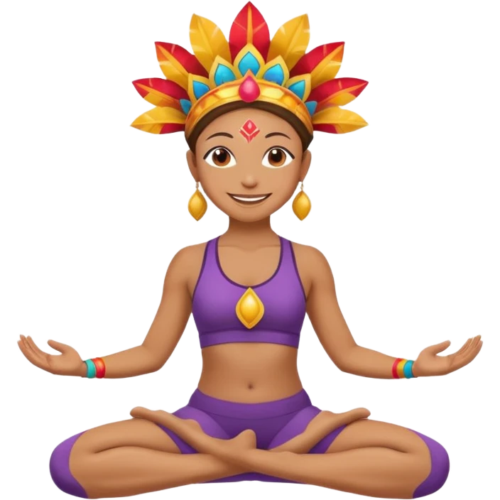 Uma pessoa em posição de yoga vestida de carnaval fantasiado emoji